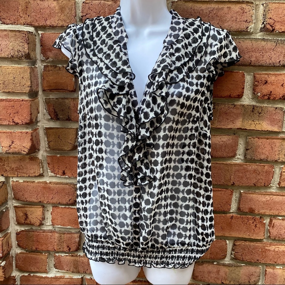 AGB Black White Polka Dot Sheer Ruffle Blouse M